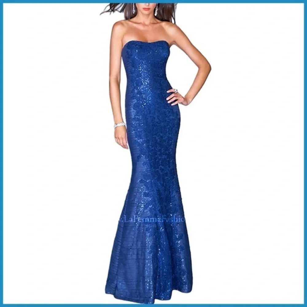 La Femme Navy Blue Floral Strapless Sequin Dress Gown